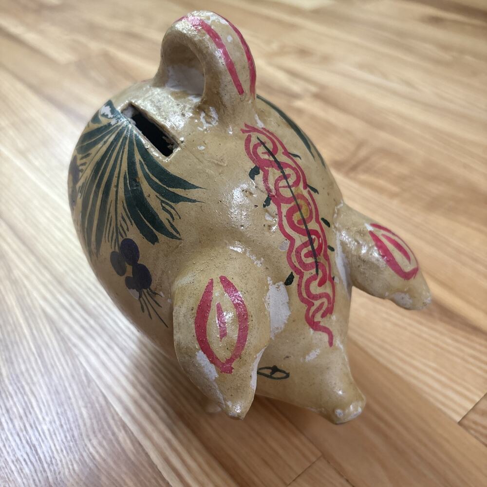 Charming Vintage Mexican Folk Pottery Piggy Bank Floral Pink Blue Hand Painted